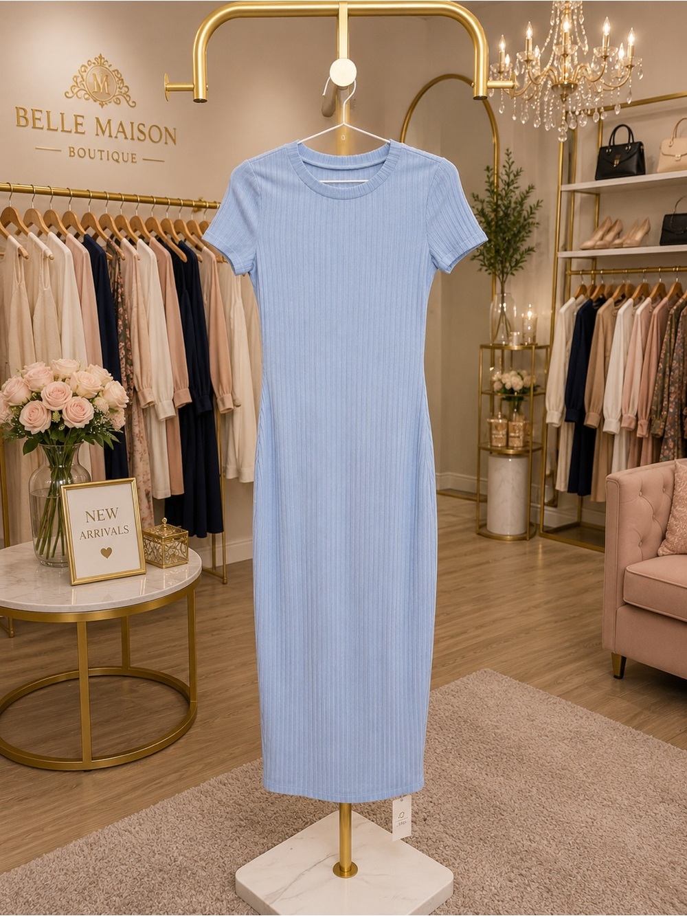 New Look Light Blue Ribbed Short-Sleeve Midi Dress